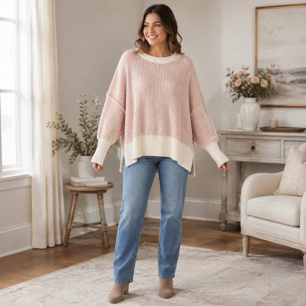 Altar'd State Pink Cream Oversized Ribbed Dolman Sleeve Sweater Small